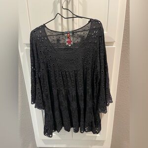 Johnny Was - Bell-sleeve Eyelet Tiered Tunic. Black, Size Medium